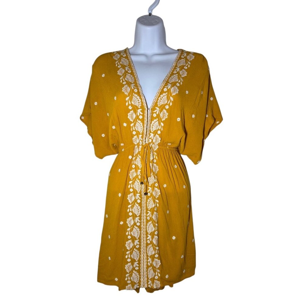 Forever‎ 21 Mustard Orange & White Beach Swim Coverup Mini Dress Embroidered M